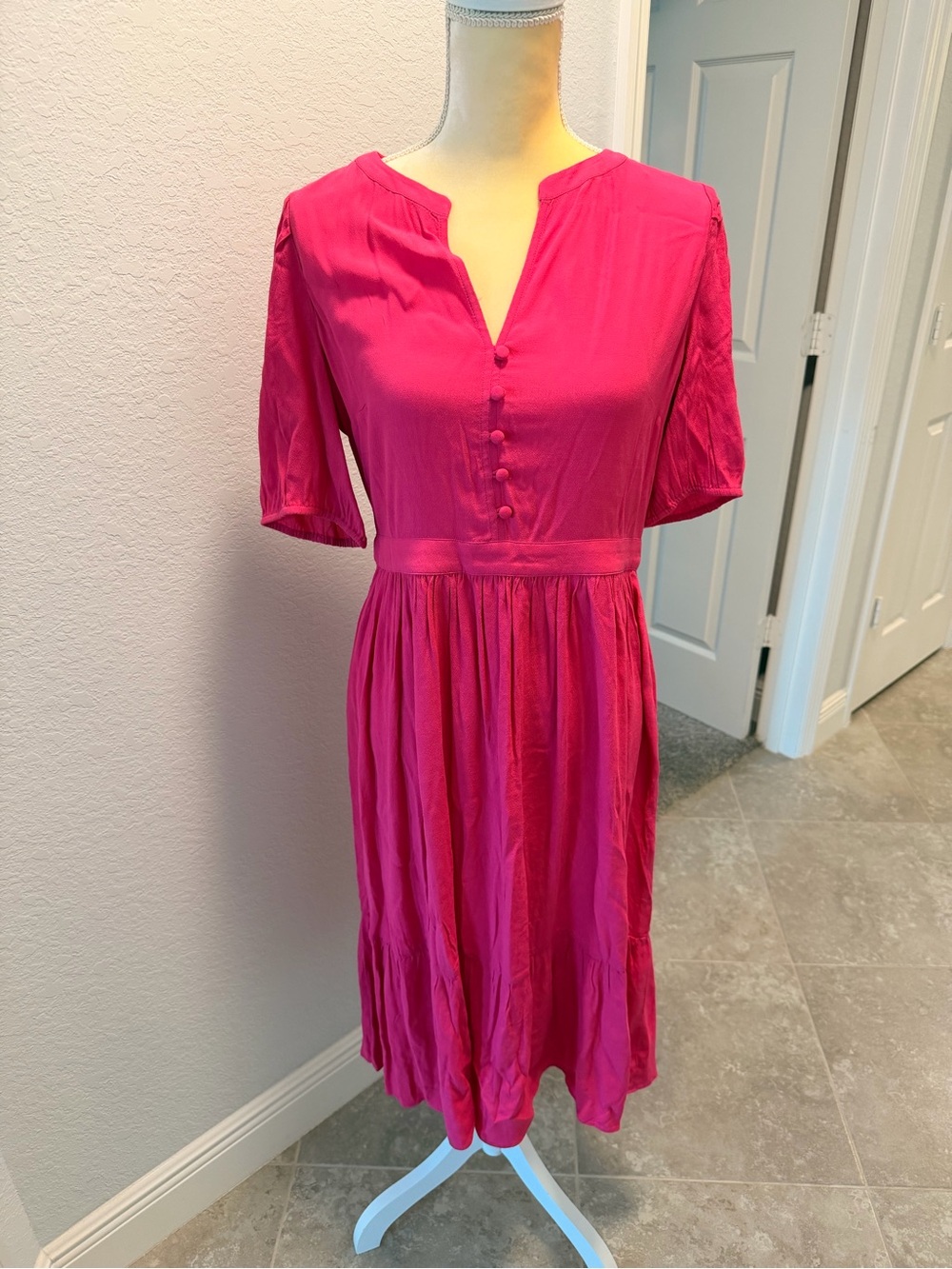LOFT Pink Short-Sleeve Button-Front Midi Dress